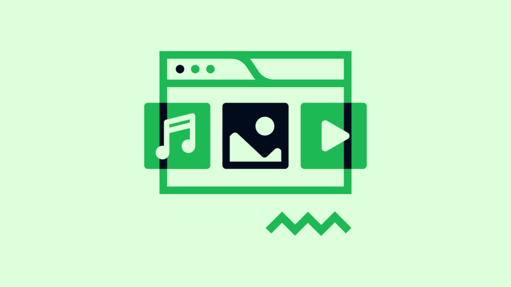 File shaped outline with music, photo and video icons inside. 
